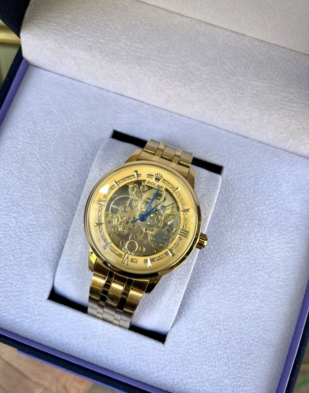 ساعت مچی مردانه اتوماتیک طرح رولکس اسکلتون طلایی لاکچری با بند استیل ضد زنگ